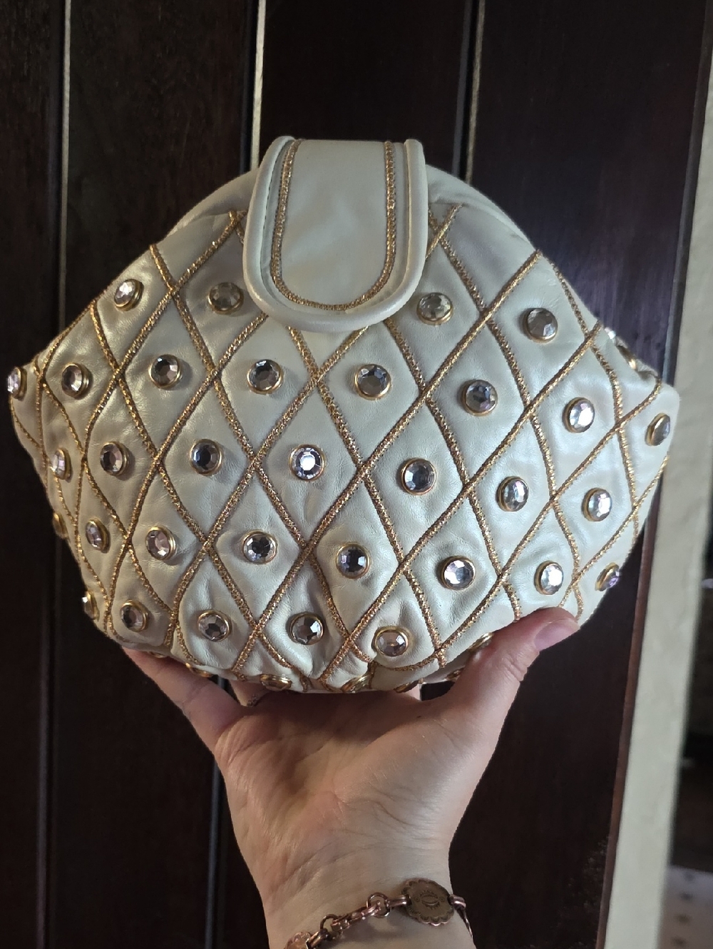 Pearl-Studded Quilted Cream Evening Clutch